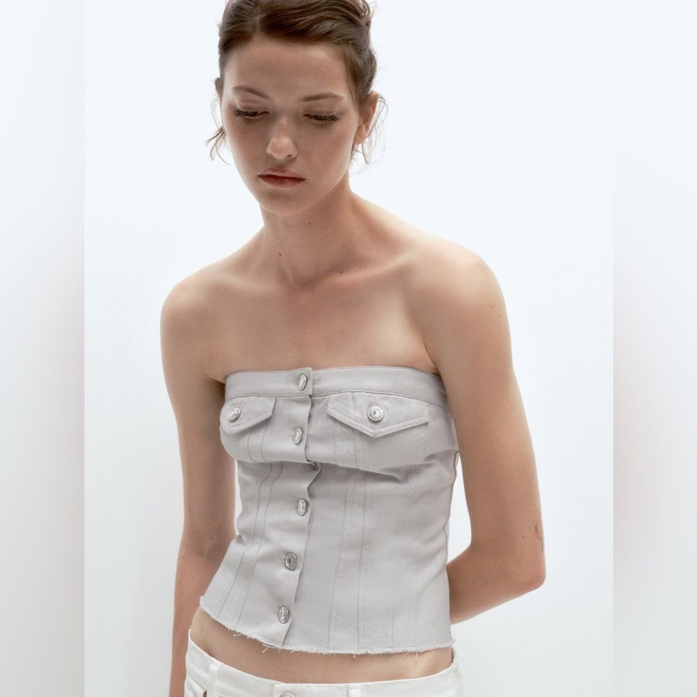 NWT Zara Corset Style Front Button Closure Frayed Hem Fitted Denim Top